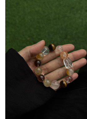 HOPIN 「喜土金系」天然虎眼石白水晶胶花茶晶手串 男女同款手链