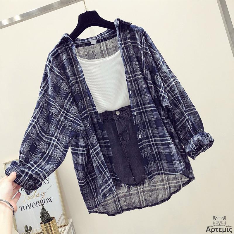 格子衬衫女中长款防晒开衫上衣服外套薄Women plaid shirt jacket