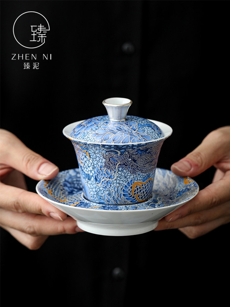 珐琅彩手工掐丝银盖碗高档中式龙年三才碗家用陶瓷功夫茶具泡茶杯