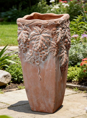 北欧浮雕复古粗陶透气奖标盆阳台花园景观陶土高款大四方红陶花盆