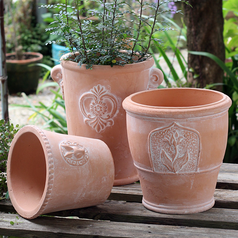 做旧复古罗马柱形透气红陶手工盆家居庭院阳台花卉种植粗陶大花盆