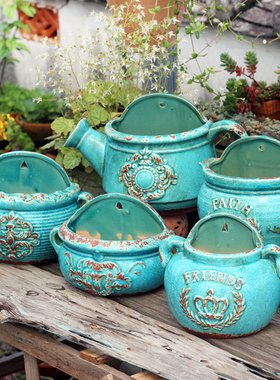 创意挂墙欧式复古多肉垂吊花卉陶瓷做旧挂壁盆园艺阳台壁挂大花盆