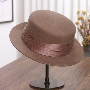 法式羊毛呢平檐礼帽女士秋冬高档真丝麻平顶帽子英伦复古爵士帽潮