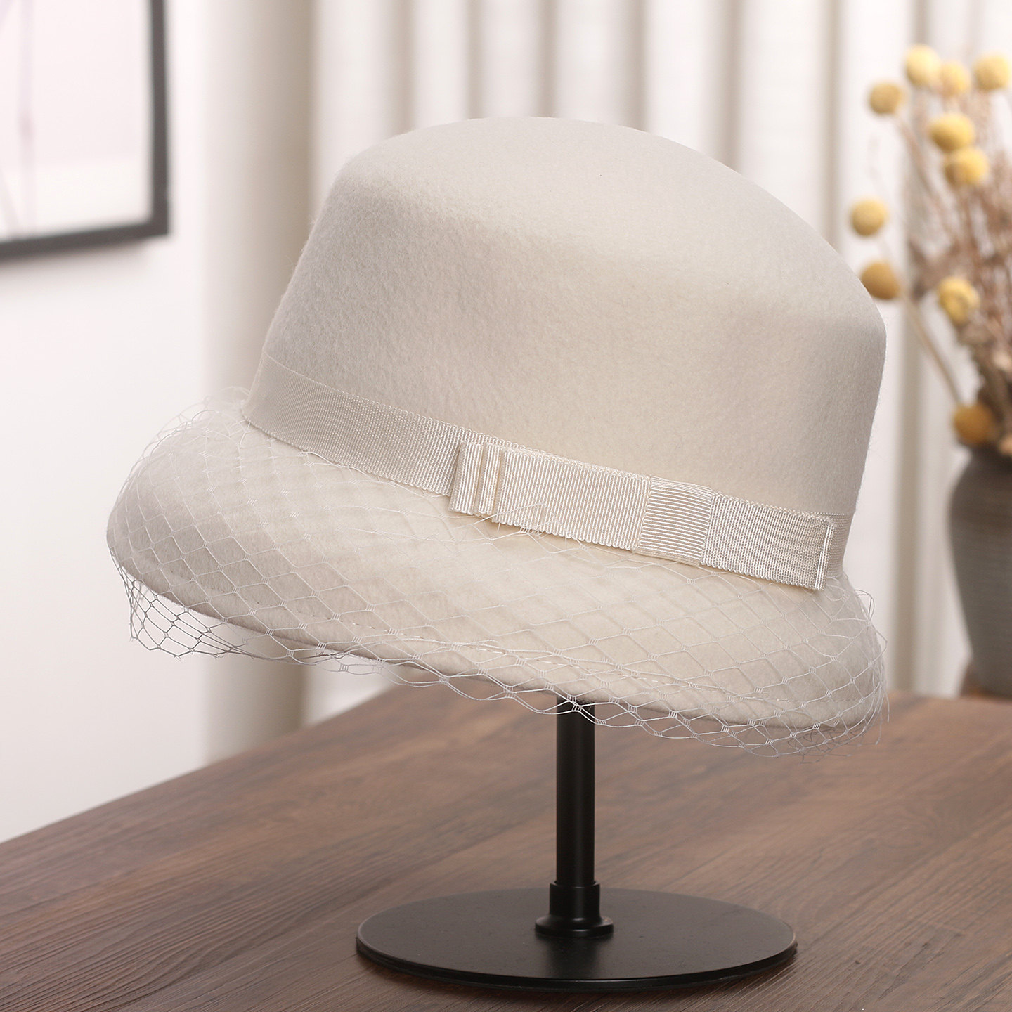 法式网纱蝴蝶结羊毛礼帽