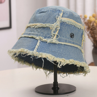 日系小众牛仔拼接乞丐风毛边渔夫帽子女春秋款时尚百搭素颜水桶帽