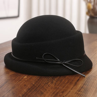 法式复古卷边羊毛礼帽女秋冬高级感细蝴蝶结渔夫帽千金风优雅盆帽