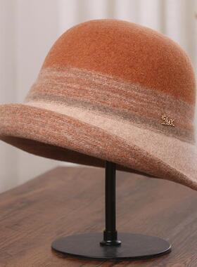 帽子女秋冬新款拼色保暖羊毛呢卷边盆帽赫本风渔夫帽优雅百搭礼帽