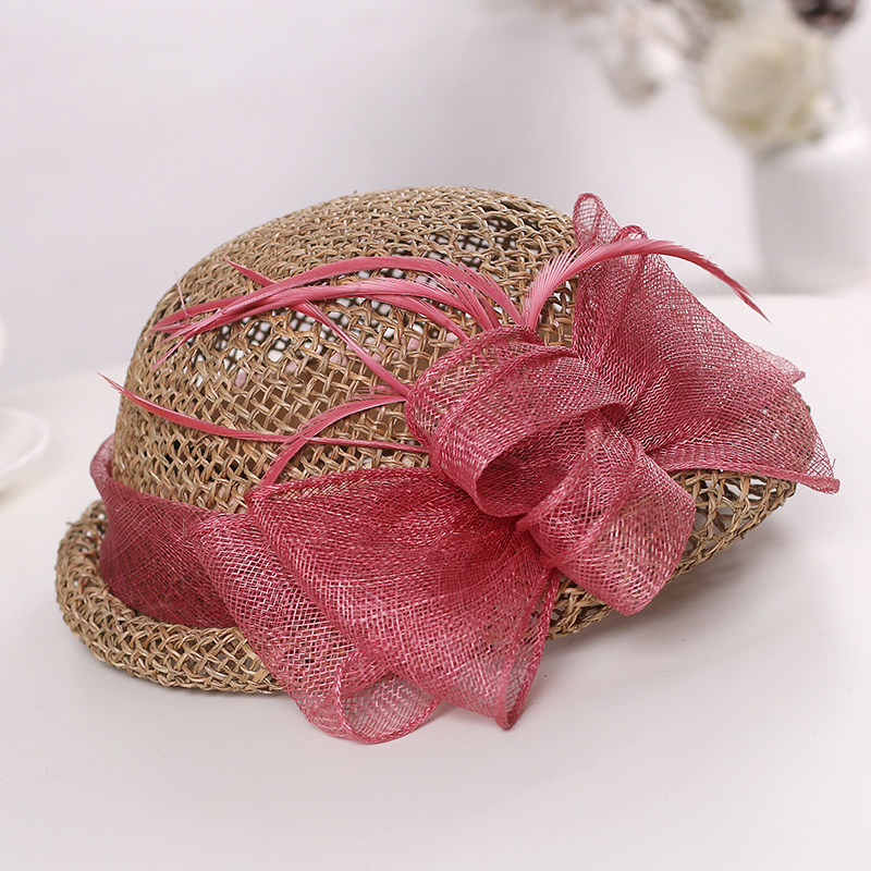 优雅麻纱蝴蝶结花朵草帽天然咸草编织贝雷帽子女士夏季装饰小礼帽