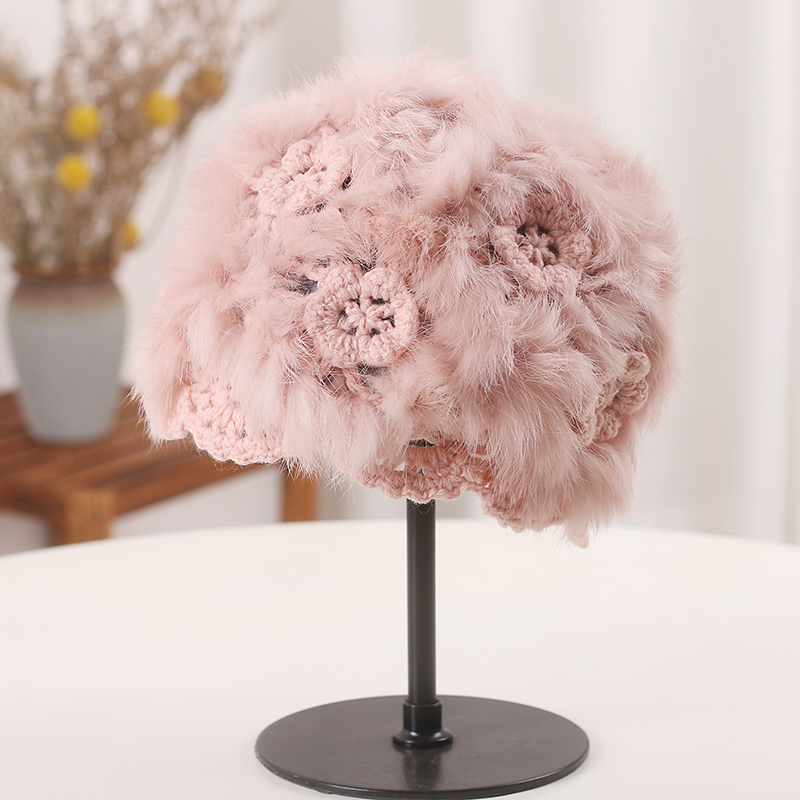 可爱保暖皮草镂空花朵毛线帽可爱