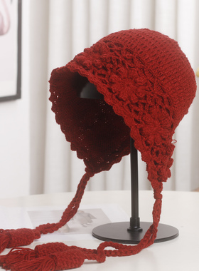 手工钩花针织包头帽子女秋冬双层加厚保暖套头帽显脸小护耳0117k