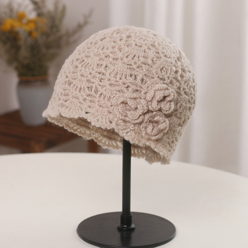 日系小众复古包头帽女韩版甜美镂空花朵针织毛线贝雷帽秋冬保暖帽