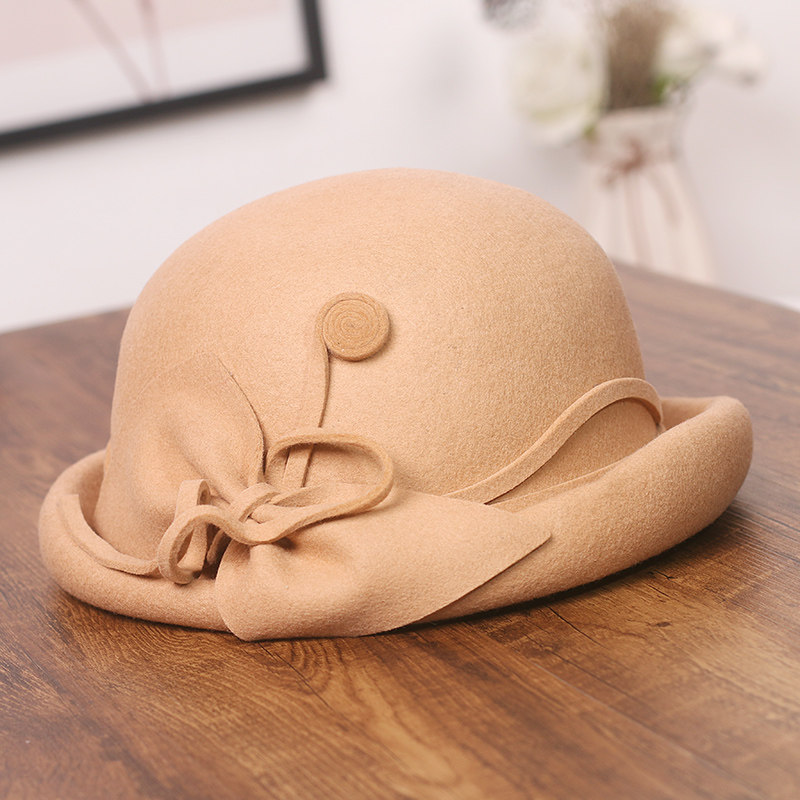 秋冬新款帽子女优雅时尚蝴蝶结羊毛呢盆帽英伦复古圆顶卷边小礼帽