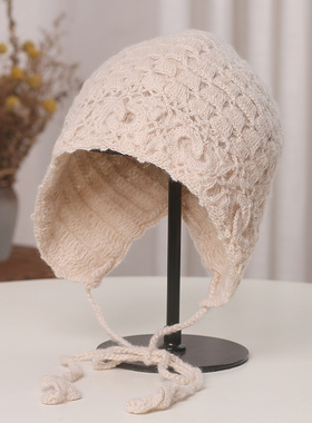 小众设计花朵包头帽女秋冬保暖针织毛线帽甜美护耳帽0117k