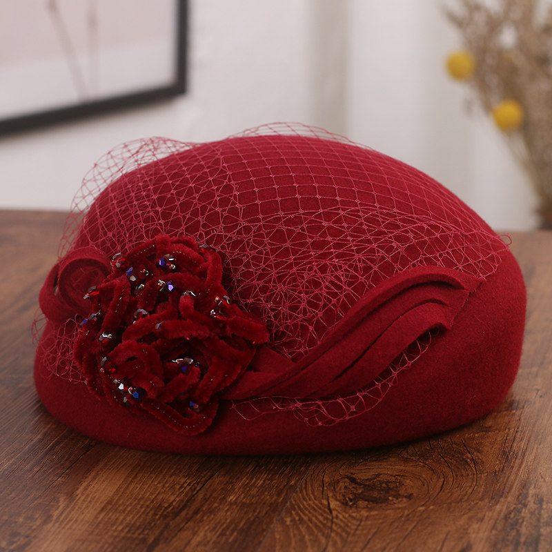 帽子女士秋冬新款网纱花朵装饰羊毛呢贝雷帽优雅复古百搭羊毛礼帽