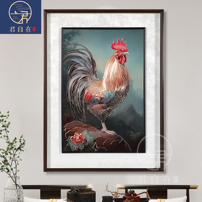 金鸡报晓手工铜板铜雕装饰画新中式公鸡挂画玄关过道餐厅富贵吉祥