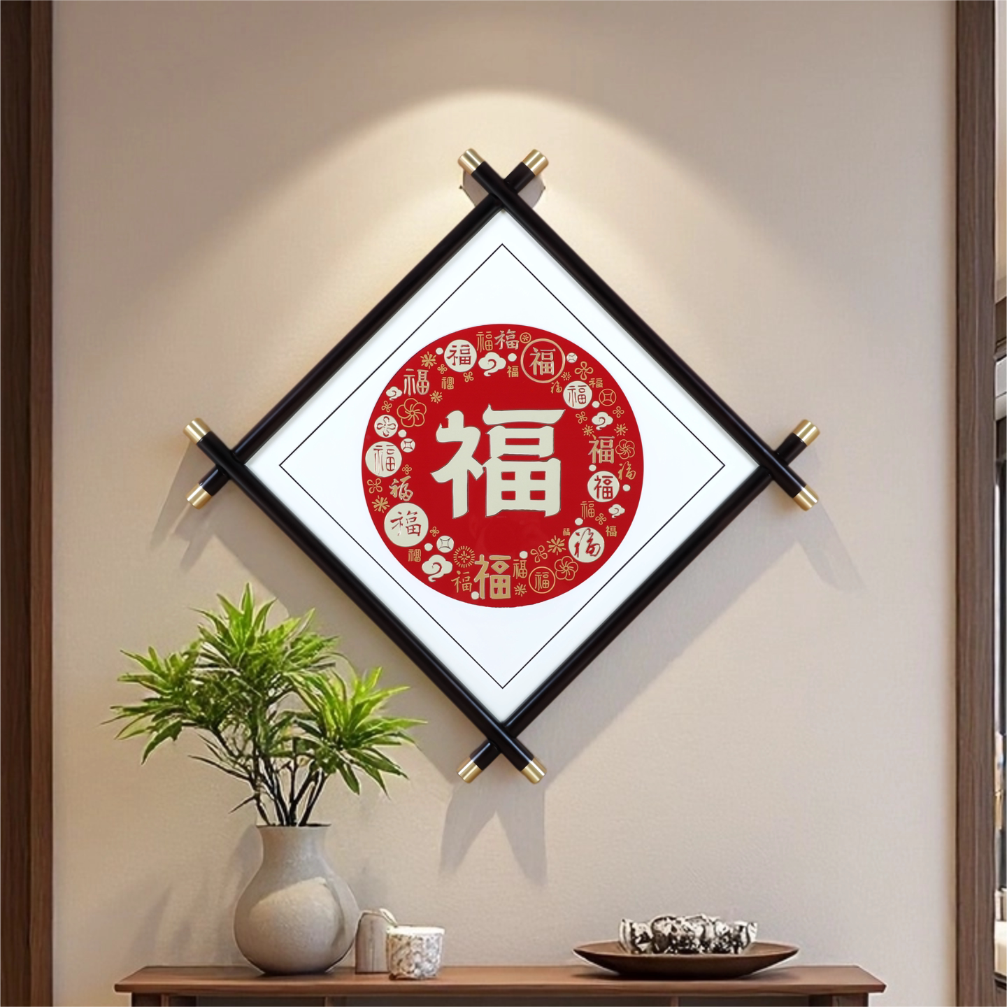 新中式手工铜雕福字菱形装饰画图片