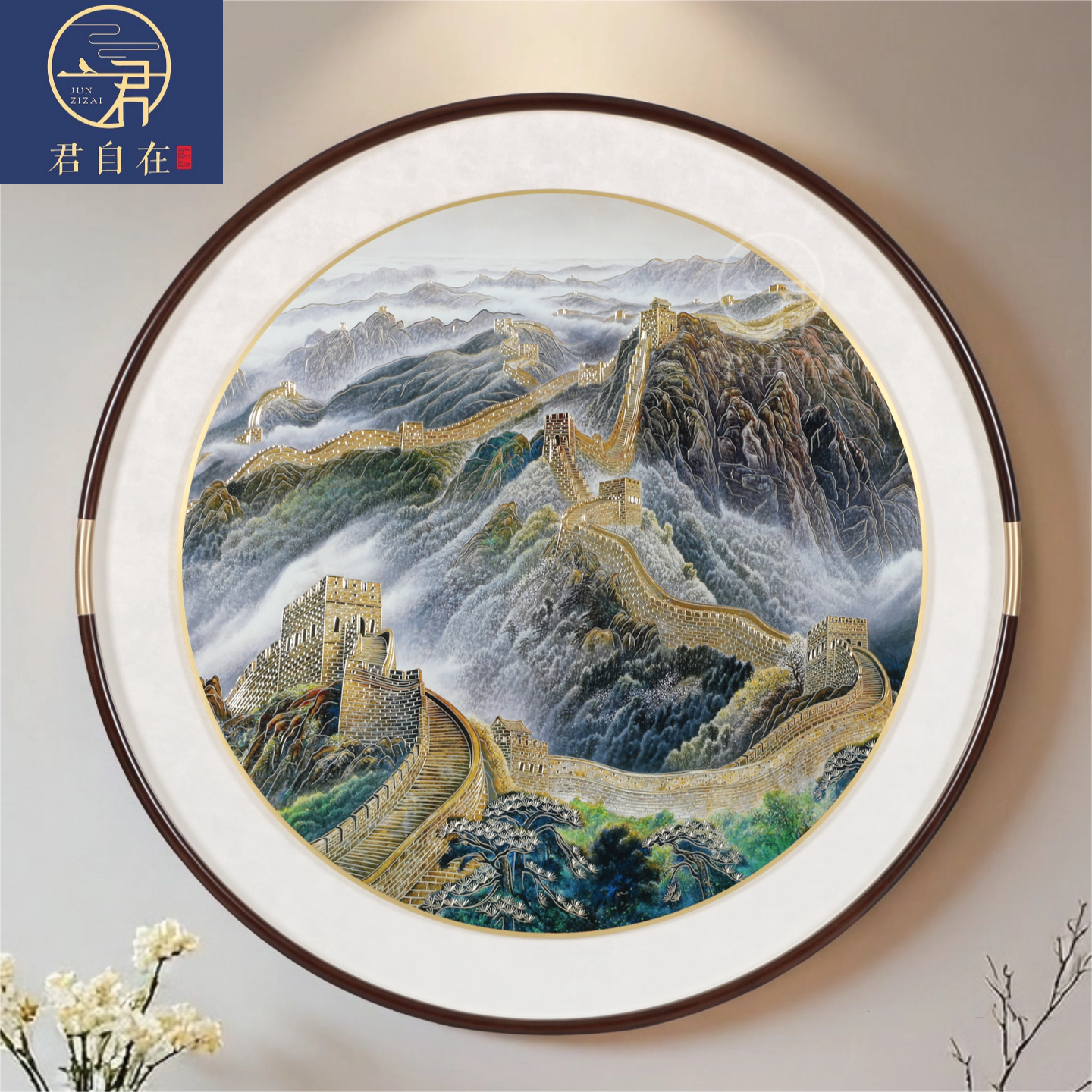 万里长城手工铜雕圆形装饰画