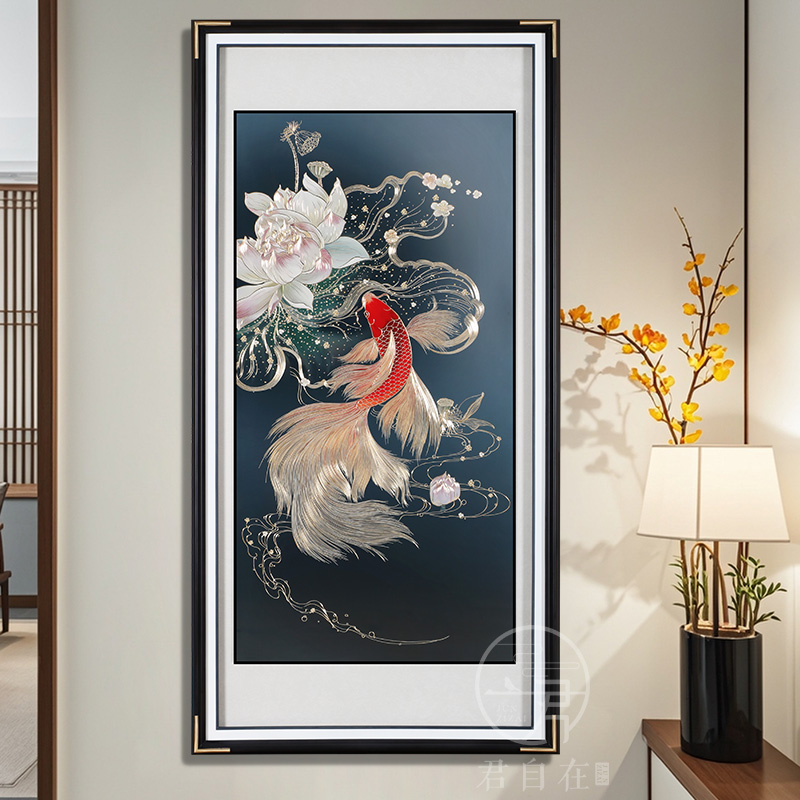 荷花锦鲤图手工铜雕装饰画玄关走廊入户墙鲤鱼新中式鱼跃龙门竖版图片