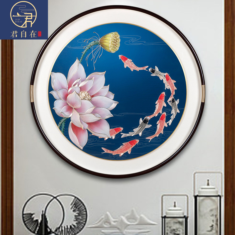 新中式入户玄关装饰画客厅背景墙挂画高档大气走廊过道铜雕灯光画