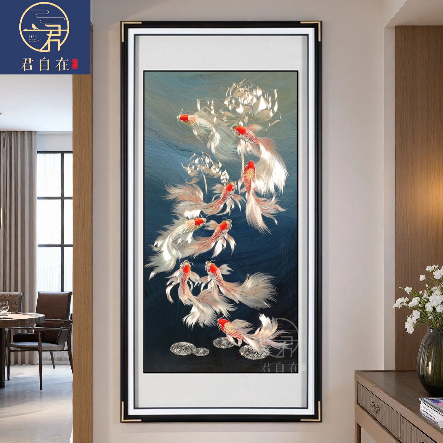 荷花九鱼图锦鲤手工铜板铜雕装饰画2026年新款新中式走廊玄关挂画