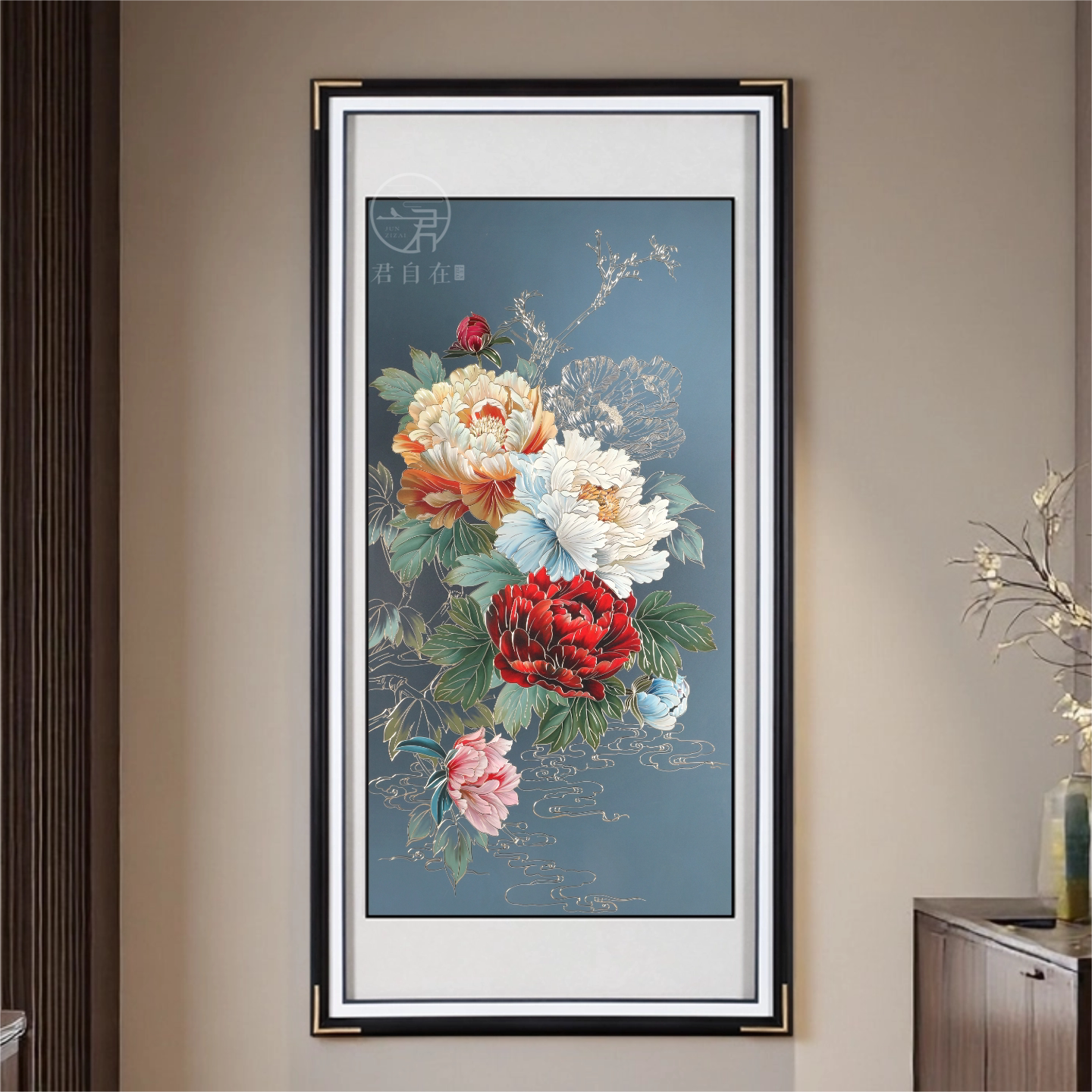 新中式花开富贵牡丹手工铜雕挂画