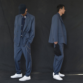 高级感炸街西装 潮流垂坠外套设计男痞帅西服港风 克莱因蓝小众套装