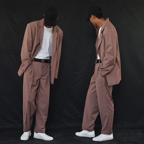 树莓色西装暴徒男雅痞西服帅休闲时尚套装粉色炸街外套高级范自留