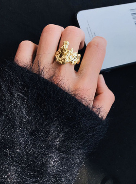 不规则凹凸熔岩捶打纹理金属戒指