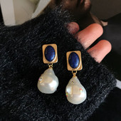 anna同款 Celi法式 复古vintage高级感蓝英石吊珍珠镶钻925银针耳环