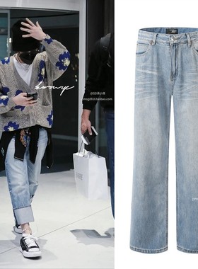 新款gd权志龙同款风格浅蓝色水洗牛仔裤美式复古猫须抓痕直筒裤男