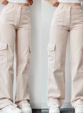 Straight Leg Cargo Pants Women HighWaist Baggy Trousers Lady