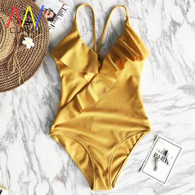 2020 new Yellow 1-piece women Swimsuit V neck Sexy Monokini