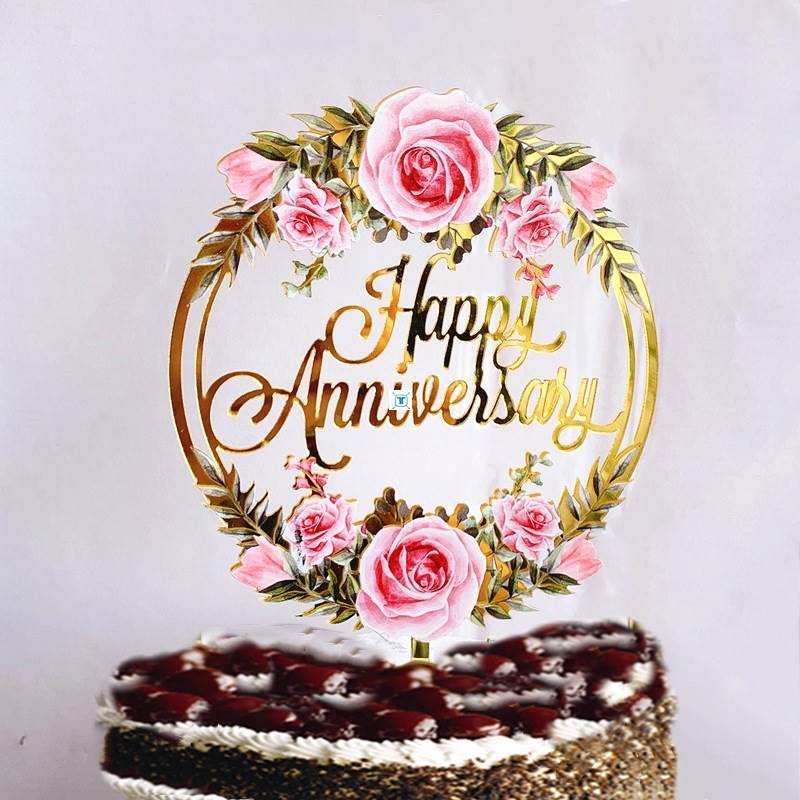 New Happy Anniversary Cake Topper Color Flowers Acrylic-封面