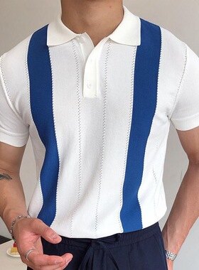 男夏短袖针织衫白色条纹修身POLO衫 White Striped Short Sleeves