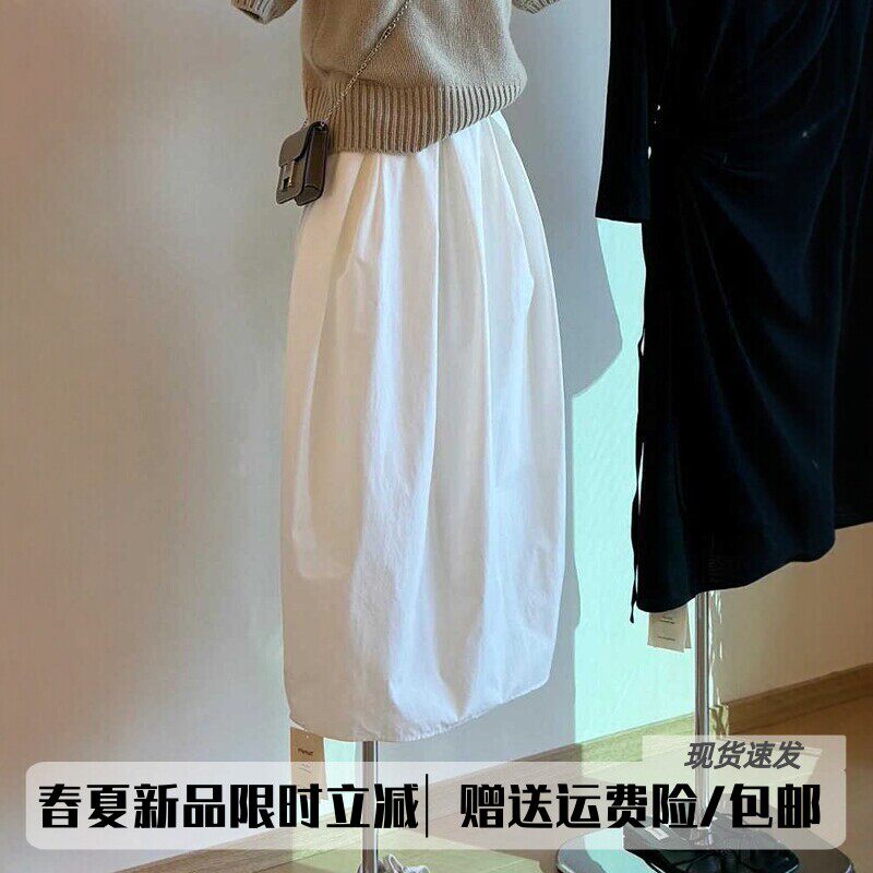 超好看白色半身裙女春季薄款小个子松紧腰高腰显瘦百搭A字花苞裙