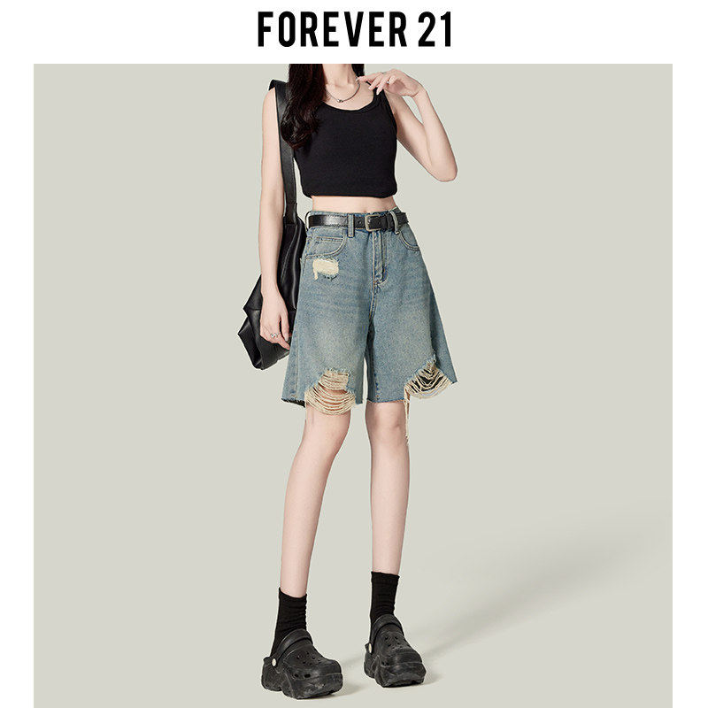 Forever 21复古蓝破洞牛仔五分裤女小个子夏高腰直筒短裤宽松五分