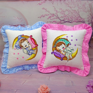 印花十字绣抱枕可爱卡通动漫送情侣结婚客厅沙发车枕一对月亮天使