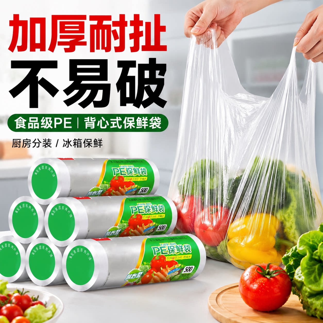 背心式食品级加厚PE冰箱保鲜袋