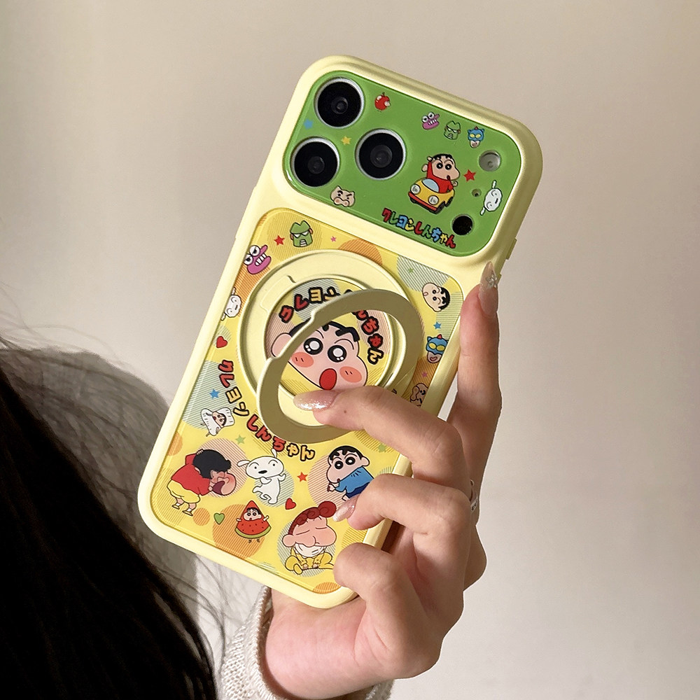 日系可爱蜡笔小新360度旋转磁吸支架适用苹果17promax手机壳iPhone16新款17大视窗15pro全包防摔保护套