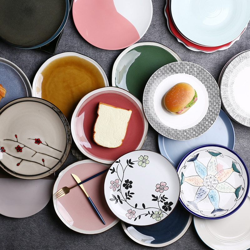 创意日式家用ins 风餐盘大盘子陶瓷大号超大圆盘10寸西餐盘果盘瓷,餐饮具,盘,淘宝优惠券,粉丝福利购,淘宝优惠卷