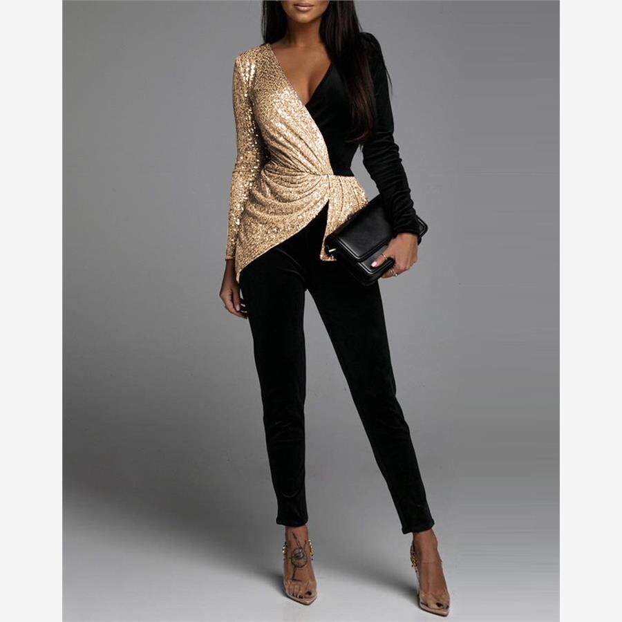 拼色褶皱连体裤 Sequins Velvet Ruched Long Sleeve Jumpsuit