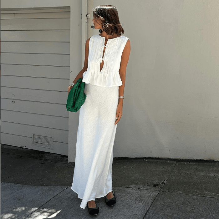 褶边无袖衬衫绑带长裙套