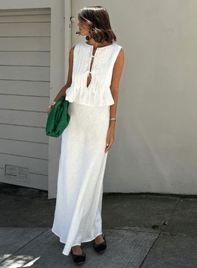 褶边无袖衬衫绑带长裙套装 Ruffled Shirt Tie up Long Skirt Set