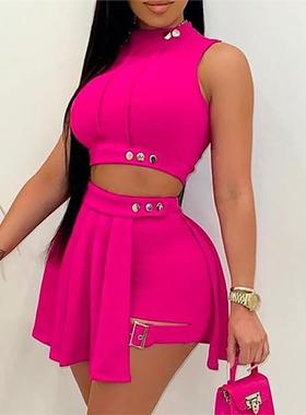 Sleeveless Crop Top & Buckled Skorts Set欧美两件套辣妹套装