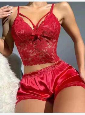 吊带蕾丝背心上衣短裤套装 Lace Tank Top Shorts Set