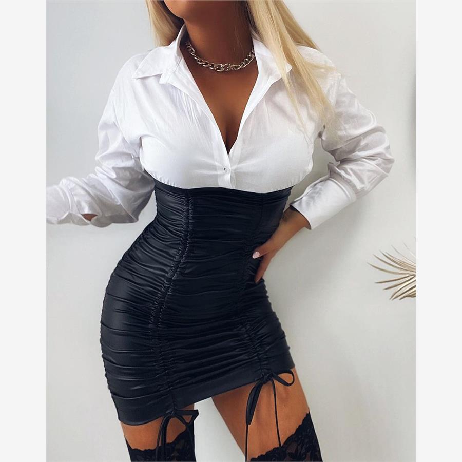 PU Leather Patchwork Drawstring Dress修身白色拼接抽绳连衣裙