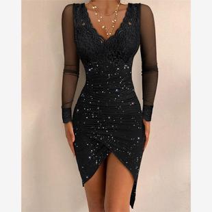 Bodycon 蕾丝拼接开叉紧身裙Contrast Glitter Ruched Dress Lace