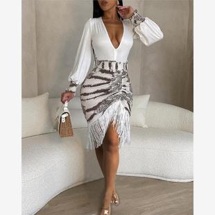 Plunge Print Ruched Tassel 抽绳连衣裙 Zebra Dress长袖 Stripe