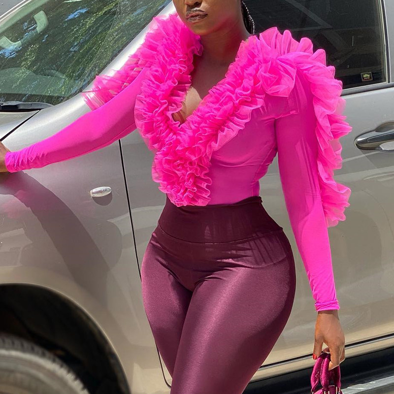 荷叶边设计V领长袖连体衣 Ruffled V-neck Long Sleeve Bodysuit