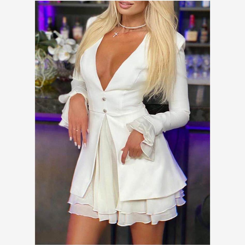 Button Design Plunge Ruffles Trim Dress长袖雪纺拼接连衣裙女